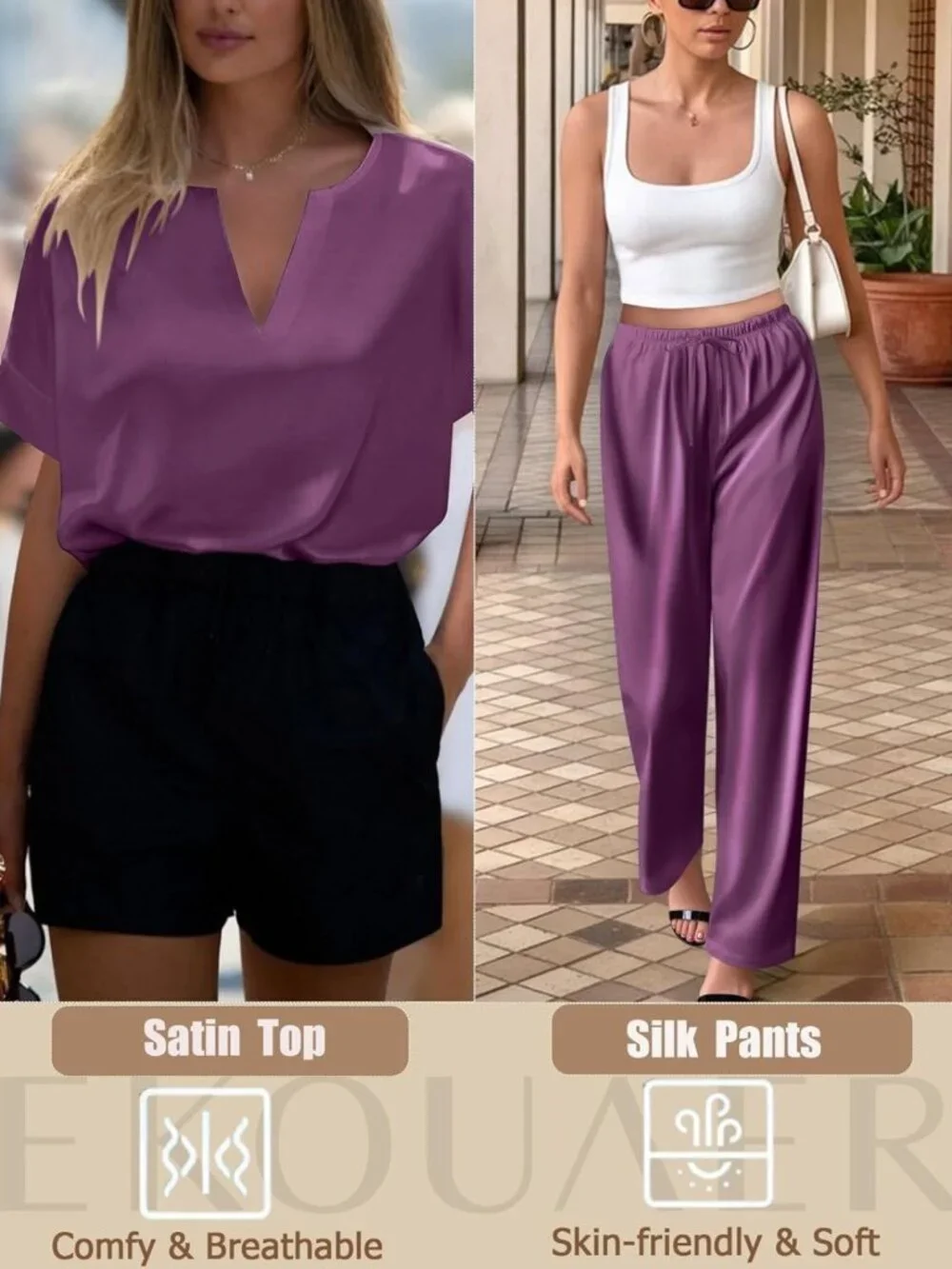 Silk Satin Pajama Set for Women | Short Sleeve V-Neck Top & Long Pants